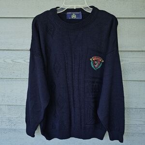 Vintage Blarney Castle Design Men's Large Navy Wool Blend Knit Pullover Sweater